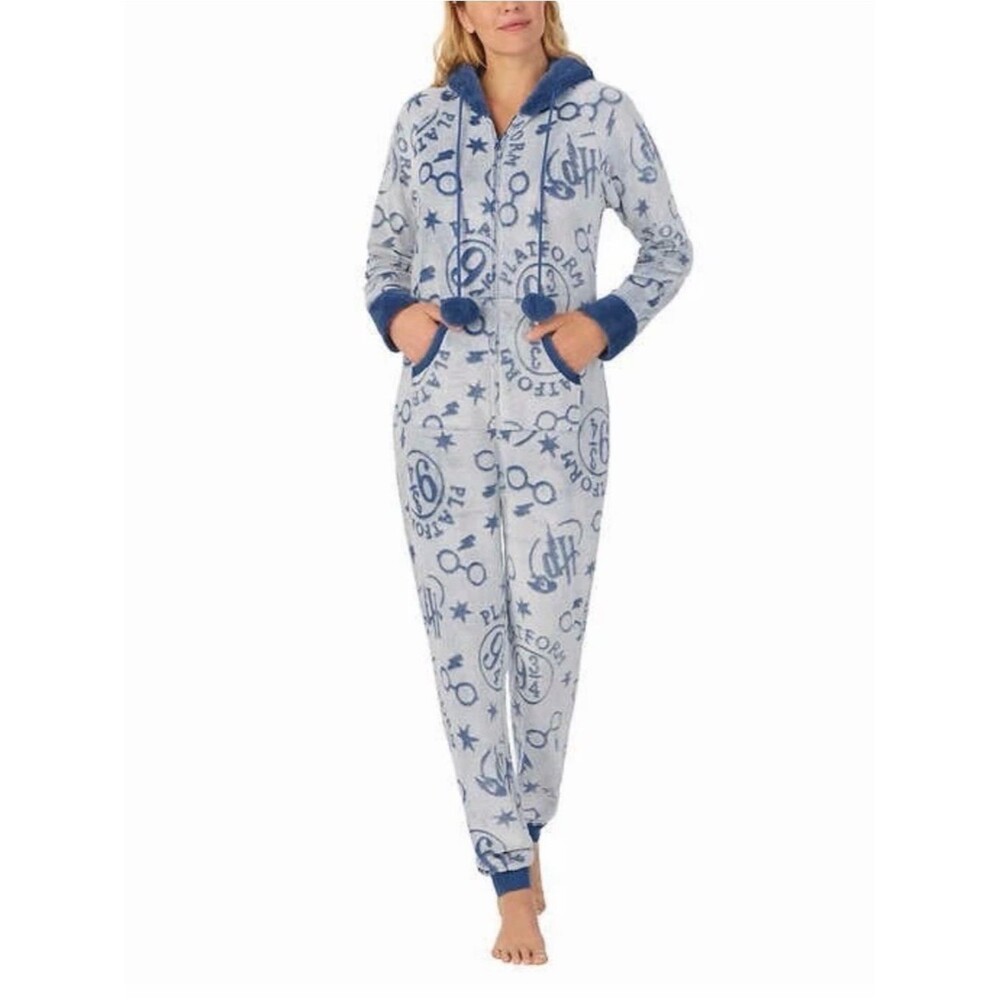Harry Potter Wizarding World Fleece Hooded Union Suit Pajamas Blue Grey Medium